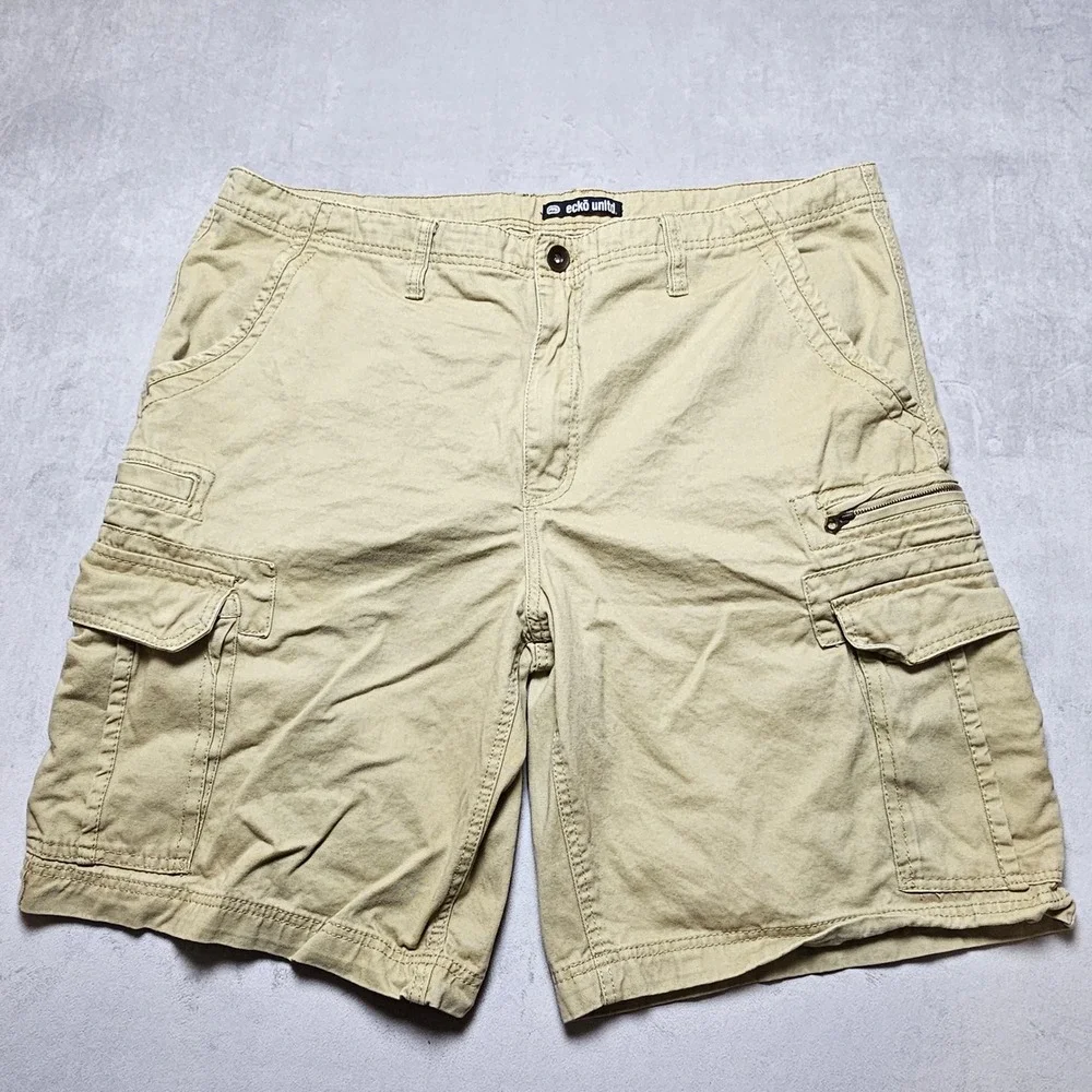 Ecko Unltd Mens Tan Khaki Cargo Shorts Size 44 Cotton Twill Multi-Pocket Utility